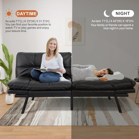 MUUEGM Memory Foam Futon Sofa Bed, Convertible Couch, Modern Loveseat Sleeper for Small Space, Apartment, Living Room - Adjustable Backrests and Armrests, Matte Black MUUEGM