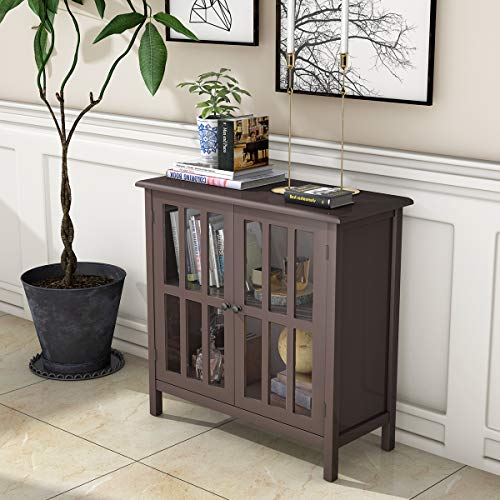 Tangkula Sideboard Buffet Storage Cabinet, Kitchen Storage Cabinet with 2 Glass Doors, Liquor Cabinet for Home Kitchen Dining Room, Cupboard Console Table, Curio Cabinet (Coffee) Tangkula