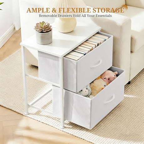 Accver Nightstand, 2 Drawer Dresser Bedside Storage Furniture, Small Dresser with 2 Drawers, End Table with Fabric for Bedroom, Closet, Entryway, College Dorm, White Accver
