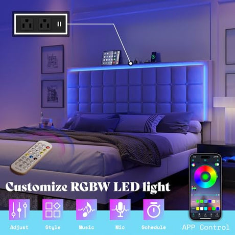 AMERLIFE King Size Upholstered Bed Frame with LED Lights, Soft Fabric/Button Tufted Platform Bed with Charging Station/Wood Slat Support/Noise Free, White AMERLIFE