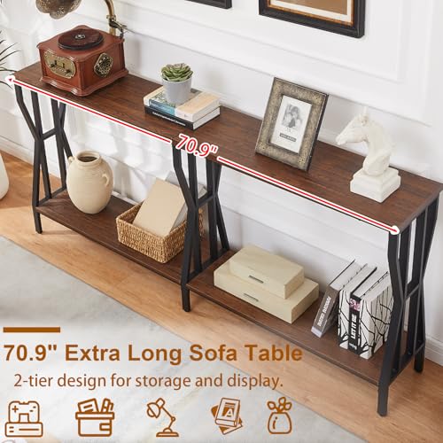 HOMISSUE Sofa Console Table, 70.9" Extra Long Sofa Table with 2-Tier Storage, Industrial Narrow Console Tables Behind Couch, Hallway Table for Entryway, Living Room, Rustic Brown HOMISSUE