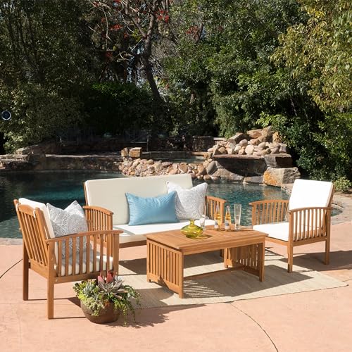 Christopher Knight Home Carolina Outdoor Acacia Sofa Set, 4-Pcs Set, Brown Patina + Cream Cushion - WoodArtSupply