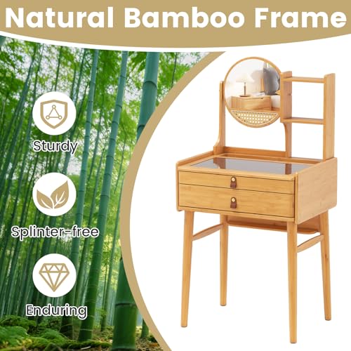 GOFLAME Bamboo Vanity Table with Adjustable Mirror, Small Makeup Vanity with Storage Drawers, Hutch Shelves, Glass Top, Rustic Compact Dressing Table for Bedroom, Small Spaces, Natural GOFLAME