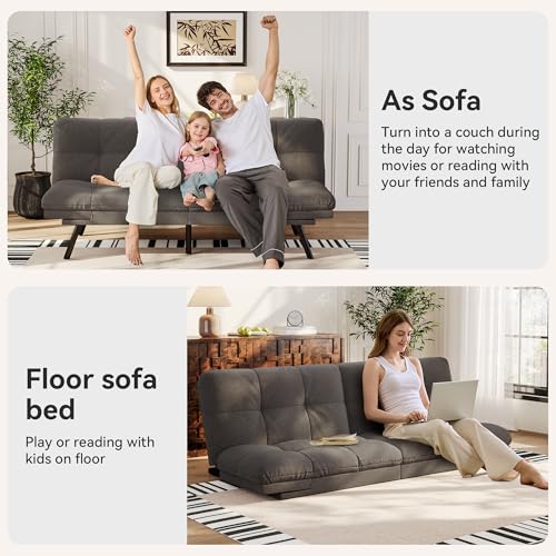 Vipbear Convertible Futon Sofa Bed,Grey Linen Futon Couch with Detachable Cushion,Adjustable Backrest & Armrest,Modern Small Recliner Loveseat Sleeper Couch for Living Room,Office,Apartment Vipbear