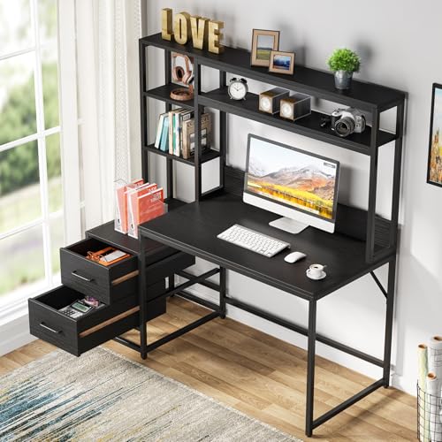 Tribesigns 55 Inch Computer Desk with 2 Drawers and Storage Shelves, Rustic Office Desk with Hutch, Study Writing Gaming Table Laptop Workstation for Home Office (Black) Tribesigns