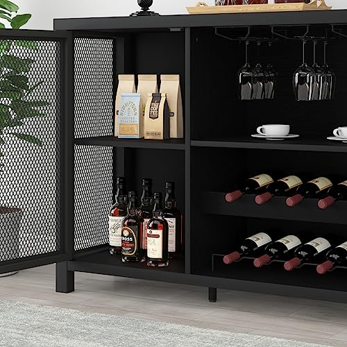 Launica Black Wine Bar Cabinet, Coffee Bar Cabinet with Storage, Farmhouse Kitchen Buffet Cabinet with Rack for Liquor and Coffee, Industrial Wine Cabinet for Home Living Dining Room, Black Oak, 55 In Launica