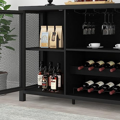 Launica Black Wine Bar Cabinet, Coffee Bar Cabinet with Storage, Farmhouse Kitchen Buffet Cabinet with Rack for Liquor and Coffee, Industrial Wine Cabinet for Home Living Dining Room, Black O - WoodArtSupply