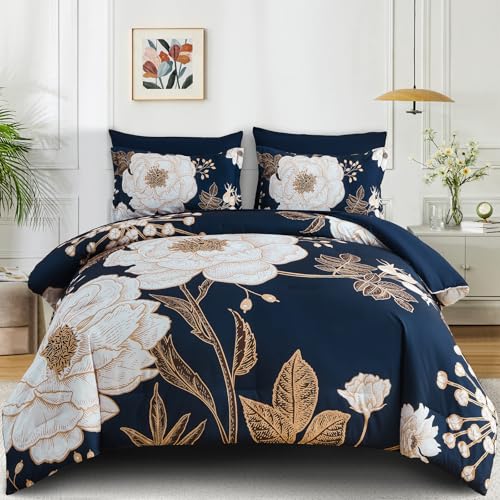 Luxudecor Floral Queen Comforter Set 7 Pieces Bed in a Bag, White Flower Print on Navy Blue Bedding Set, Soft Reversible Comforter with Sheet Set 90"x90" Luxudecor