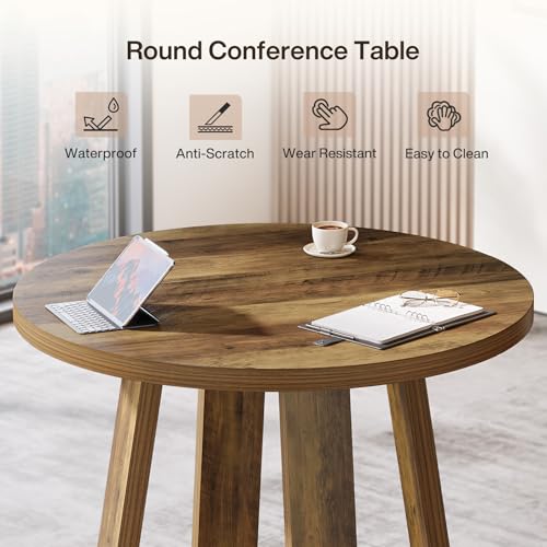 Tribesigns Round Conference Table for 2-4 People, 31.5-Inch Small Wooden Office Table with Sturdy Base, Farmhouse Home Office Meeting Desk for Small Spaces, Rustic Brown Tribesigns