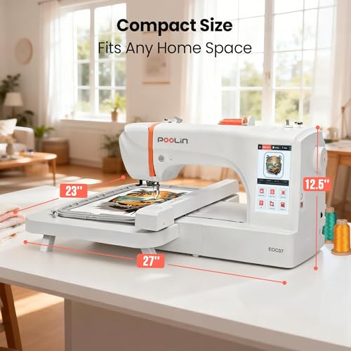 Poolin EOC07 Computerized Embroidery Machine,15"x 7.9" Large Embroidery Area,4 Hoops,200 Built-in Designs,Large 7" Touchscreen,Wi-Fi &USB Transfer,Institch Digital Software