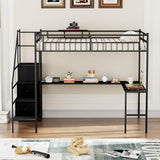 PVWIIK Staircase Full Size Loft Bed with L-Shaped Desk with Wardrobe,Charging Cradle,Loft Bed Frame with LED Lights for Kids Youths Adults Dorm Bedroom, No Box Spring Needed,Black PVWIIK
