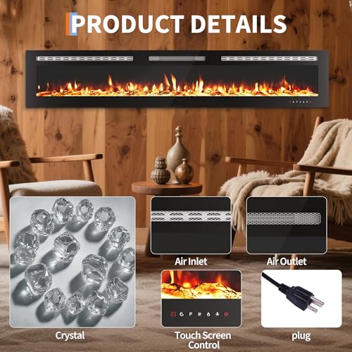 50 Inch Built-In Electric Fireplace, 750/1500W Wall Mounted Recessed Heater with Remote, Timer, Touchscreen, 12 Flame Effects, Adjustable Brightness, Low Noise Linear Fireplace for Living Room Bedroom Hipicute