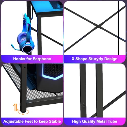 X-cosrack 33.5" Small Gaming Desk with LED Lights & Power Outlets, Compact Computer Desk with Monitor Stand & CPU Stand, Gamer Table with Storage Drawer, Side Hooks for Home Office, Bedroom, Black X-cosrack