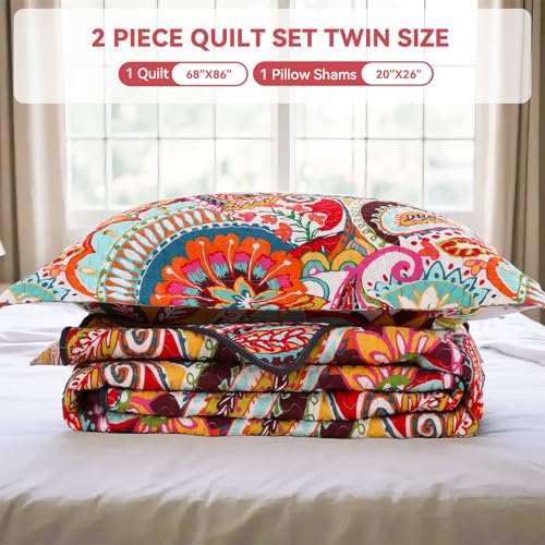 Qucover 100% Cotton Twin Quilt Set, 2 Piece Multicolor Paisley Boho Style Twin Bedspread with Pillow Shams, 68"x86" Qucover