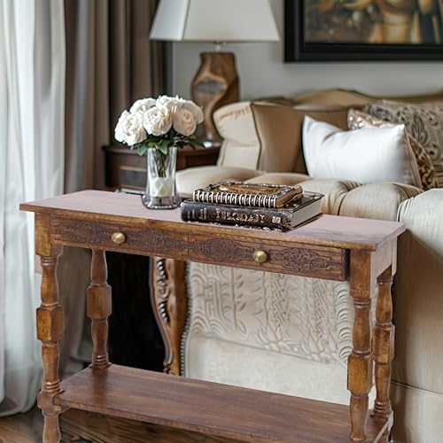 COTTON CRAFT Solid Wood Accent Console Table - Hand Carved Sofa Table - Hallway Entryway Two Drawers Small Space Transitional Traditional Farmhouse Easy Assembly - 36 W x 32 H x 11 D - Antique Brown COTTON CRAFT