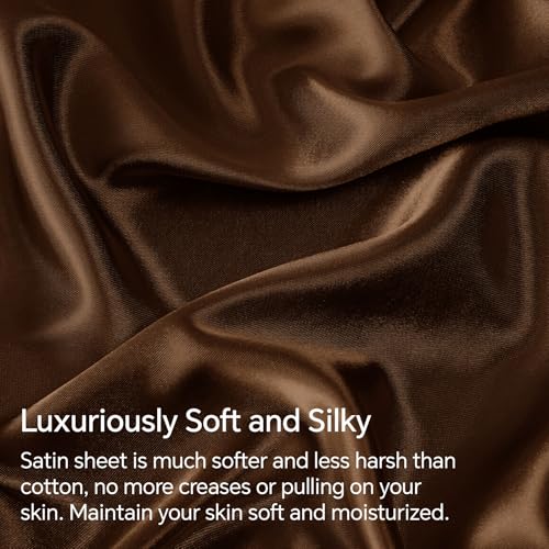 BEDELITE Satin Sheets Queen Size Bed Set, Luxury Soft Brown Silky Sheets for Hair and Skin, Similar to Silk Bed Sheets Set 4 Pieces with 1 Deep Pocket Fitted Sheet, 1 Flat Sheet, and 2 Pillowcases