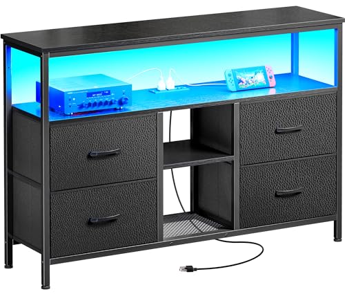 Huuger TV Stand Dresser with Power Outlets and LED Lights, 4 Drawers Entertainment Center with Open Shelf, Media Console for 50 43 Inch TV, Dresser with PU Finish, Black Huuger