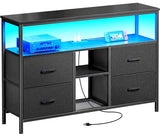 Huuger TV Stand Dresser with Power Outlets and LED Lights, 4 Drawers Entertainment Center with Open Shelf, Media Console for 50 43 Inch TV, Dresser with PU Finish, Black Huuger
