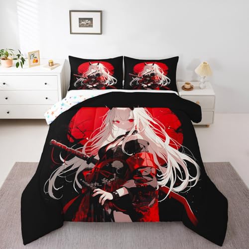 Erosebridal Twin Japanese Anime Bedding Set for Kids, Anime Girl Comforter Set Kawaii Japanese Style Duvet Insert Cartoon Japan Animation Quilt for Boys Teens Adult Women Bedroom, Red Black Erosebridal