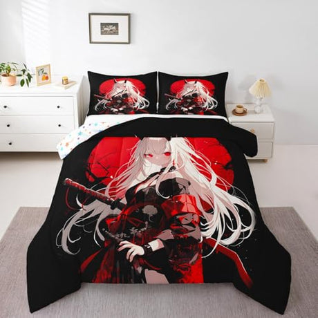 Erosebridal Twin Japanese Anime Bedding Set for Kids, Anime Girl Comforter Set Kawaii Japanese Style Duvet Insert Cartoon Japan Animation Quilt for Boys Teens Adult Women Bedroom, Red Black Erosebridal