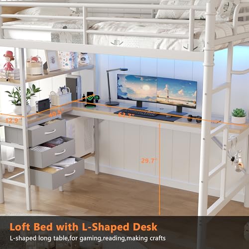 Jocoevol Twin Size Loft Bed with L-Shaped Desk, LED Lights,Charging Station, Industrial Heavy Duty Metal Loft Bed Frame with 3 Storage Shelves and 3 Fabric Drawers, Safety Guard & Ladder, White Jocoevol