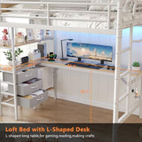 Jocoevol Twin Size Loft Bed with L-Shaped Desk, LED Lights,Charging Station, Industrial Heavy Duty Metal Loft Bed Frame with 3 Storage Shelves and 3 Fabric Drawers, Safety Guard & Ladder, White Jocoevol