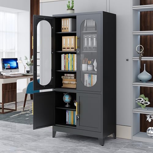 Lusiwry 71”H Metal Storage Cabinet with Lock Glass Doors and Shelves,Steel Garage File Cabinets, Kitchen Pantry Cabinet Tall Locker Organizer for Home, Office, Warehouse,Tool（Black） Lusiwry