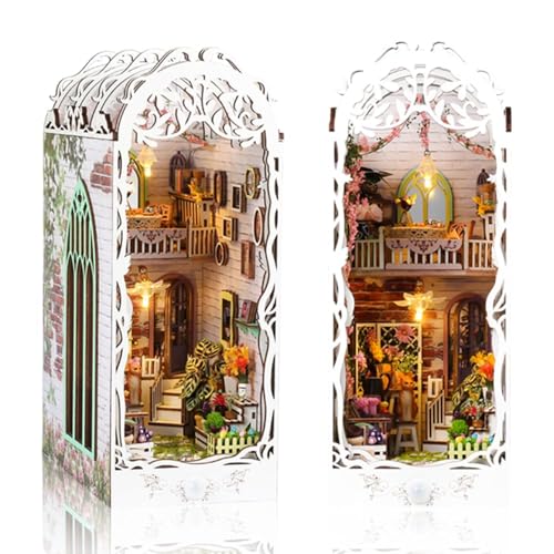 DIY Book Nook Kit - Miniature Dollhouse Booknook Kit for Adults,Teens, 3D Wooden Puzzle Bookend Bookshelf Deco, Christmas Birthday Gift, Flower House