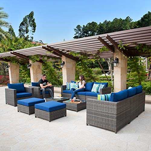 ovios Patio Furniture Set 12 Pieces Outdoor Conversation Set All Weather Wicker Rattan Sectional Sofa Sets with Thick Cushions Fully Assembled Furniture, Big Size, Grey Wicker, Navy Blue - WoodArtSupply