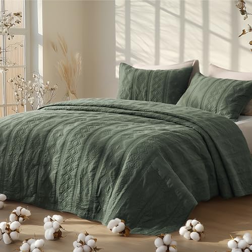 Bedsure 100% Cotton Quilt Set - King Size Bedspread, Lightweight Soft Bed Coverlet, 3-Piece Cozy Stitching Quilt Set with 2 Pillow Shams in Geometric Pattern for All Season, 106x96 inches, Olive Green Bedsure