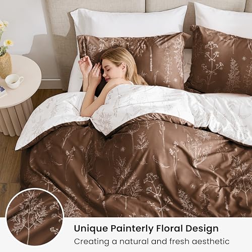 Love's cabin Chocolate Full Comforter Set - Full Size Comforter Set, 3 Pieces Cute Floral Bedding Sets for All Seasons,1 Soft Reversible Botanical Flowers Comforter and 2 Pillow Shams Love's cabin