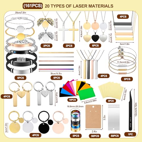 Vercleuim 161 Pcs Laser Engraving Materials kit, 20 types Jewelry Making Engraving Accessories Kit with Necklace, Bracelet, Ring, Keychain，Mental business card for Laser Engraver DIY Crafting Supplies vercleuim