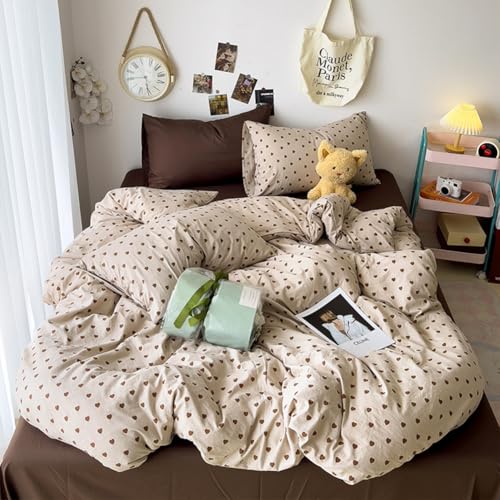 Jolusere Light Khaki Duvet Cover Full Chocolate Brown Love Heart Bedding Set for Girls Boys Simple Fashion Love Heart Shaped Pattern Comforter Cover Reversible Soft Microfiber 3Pcs Zipper Closure Jolusere