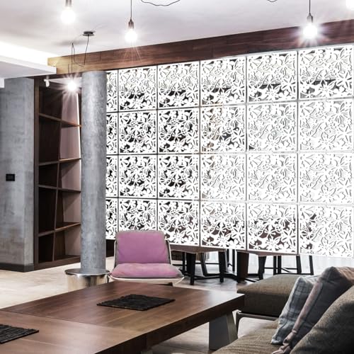 LRZCGB Hanging Room Divider,24 Pieces PVC Screen Partition Panel with Butterfly Flower Bird for Living Dining Study Sitting-Room Hotel Bar Decoration (White, 24) LRZCGB