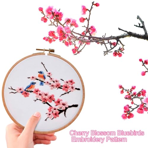 Biweutydys Needlepoint Kits for Adults Birds on Cherry Blossom Branches Pattern Cross Stitch Kits Cherry Blossom Flowers Hand Embroideried Kit with Embroidery Hoop and Instruction Mother's Day Gift