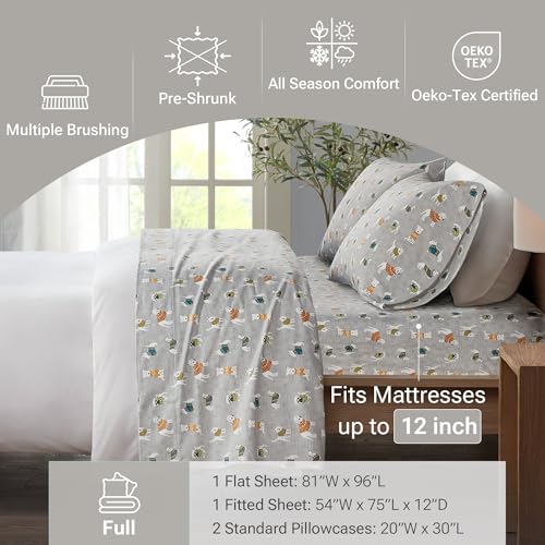 True North by Sleep Philosophy Cozy Flannel Warm 100% Cotton Sheet - Novelty Print Animals Stars Cute Ultra Soft Cold Weather Bedding Set, Full, Grey Dogs 4 Piece Sleep Philosophy