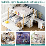 Wooden Full Over Full Bunk Bed with Trundle, Storage Stairs & Convertible Fold-Out Desk, Durable Solid Wood Frame, No Box Spring Required, Ideal for Kids, Teens & Adults (White + Natural Wood, Full) smilesun