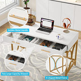Tribesigns Modern Computer Desk with 2 Drawers, 41 Inches Study Writing Office Desk for Home Office, Bedroom, Makeup Vanity Table Desk with Gold Metal Frame, White & Gold Tribesigns