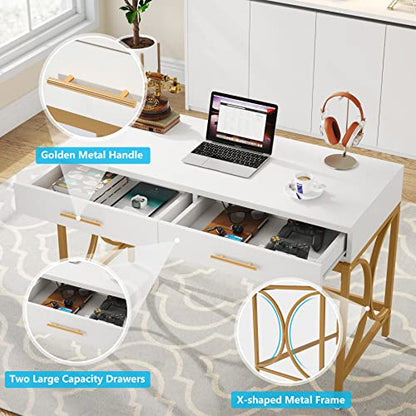 Tribesigns Modern Computer Desk with 2 Drawers, 41 Inches Study Writing Office Desk for Home Office, Bedroom, Makeup Vanity Table Desk with Gold Metal Frame, White & Gold