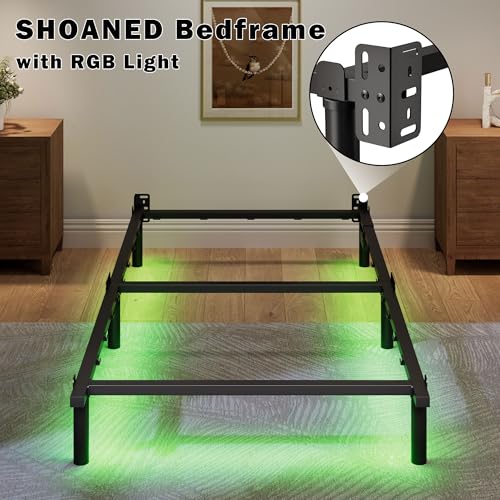 SHOANED Twin Size Bed Frame with LED, 7 Inch Metal Steel Bedframe for Box Spring and Mattress, Heavy Duty Basics Bed Base with Charging Station, Noise Free, Easy Assembly, Black SHOANED