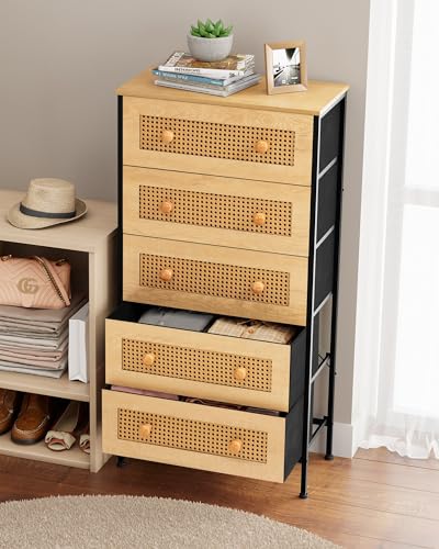 Crestlive Products Rattan Dresser Storage Tower, Tall Fabric Dresser, Chests of Drawers, Wood Top &Wood Handles - Organizer Unit for Bedroom, Hallway, Entryway, Closets - 5 Drawers (Natural) - WoodArtSupply