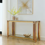 Goujxcy Modern Glass Console Table, 55" Gold Sofa Table with Sturdy Metal Frame and Clear Tempered Glass Top, for Living Room Entryway Bedroom, Gold Finish (Gold4) Goujxcy