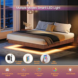 Bellemave King Floating Bed Frame with LED Lights, Walnut Wood Floating Bed Frame King, Wave Curve Wood Texture Bed with Heavy Duty Metal Slats Bellemave