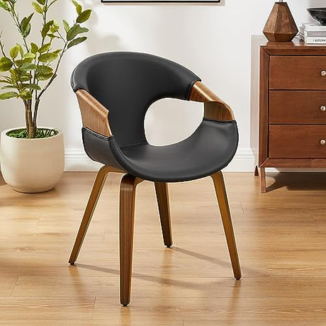Art Leon Desk Chair No Wheels - Mid Century Modern Chair, Faux Leather Upholstered Office Chair with Wood Legs for Living Room Bedroom, Walnut Bentwood, Black Art Leon