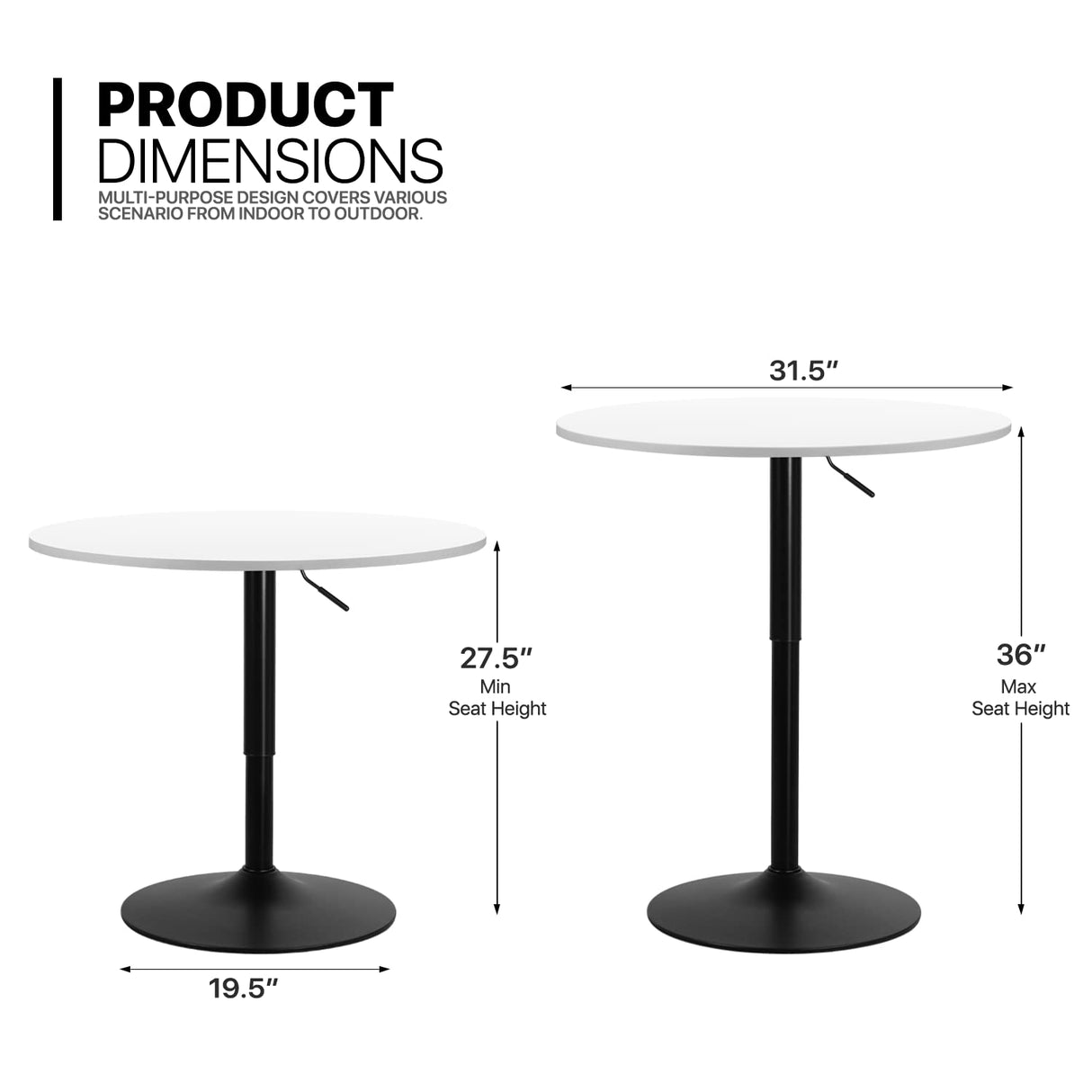 MoNiBloom Bar Table Kitchen Dining Table High Top Table for Home Balcony Indoor Outdoor Bistro Table 27.5''- 36" Height-Adjustable Round Cocktail Table, White,Silver MoNiBloom