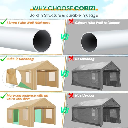 COBIZI Carport Canopy 12x20 Heavy Duty Portable Garage with Removable Sidewalls & Doors, Car Port Canopy Tent with Built-in Sandbags & All-Season Tarp for Car Boat Truck, Khaki COBIZI