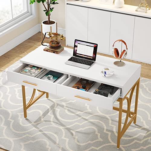 Tribesigns Modern Computer Desk with 2 Drawers, 41 Inches Study Writing Office Desk for Home Office, Bedroom, Makeup Vanity Table Desk with Gold Metal Frame, White & Gold