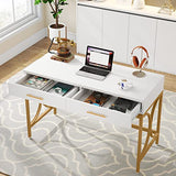 Tribesigns Modern Computer Desk with 2 Drawers, 41 Inches Study Writing Office Desk for Home Office, Bedroom, Makeup Vanity Table Desk with Gold Metal Frame, White & Gold Tribesigns