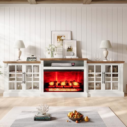 LUXOAK 97" Farmhouse TV Stand with 33" Fireplace for TVs up to 100", Media Entertainment Center with Large Storage Cabinet Adjustable Shelves for Living Room, White/Barnwood LUXOAK