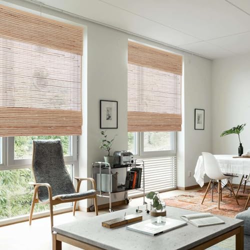 Yin Yang Cordless Blackout Bamboo Roman Shades, Natural Woven Wood Bamboo Shades with Border, Custom Indoor Privacy Lined Bamboo Roman Blinds for Windows, Doors, High Ladder - WoodArtSupply